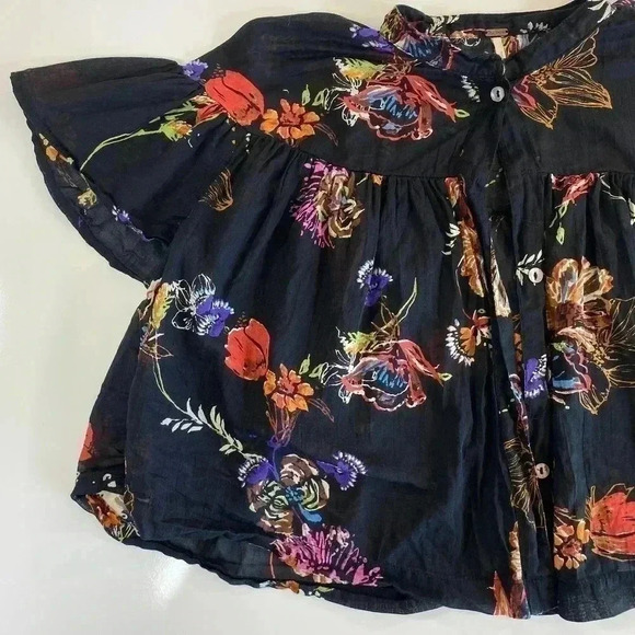 Free People Sweet Escape Tropical Floral Flutter Blouse Cropped Top Size XS - Picture 7 of 10